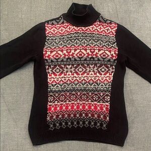 Liz Claiborne Black and Red Patterned knit Sweater Fair Isle mock neck M 26/155